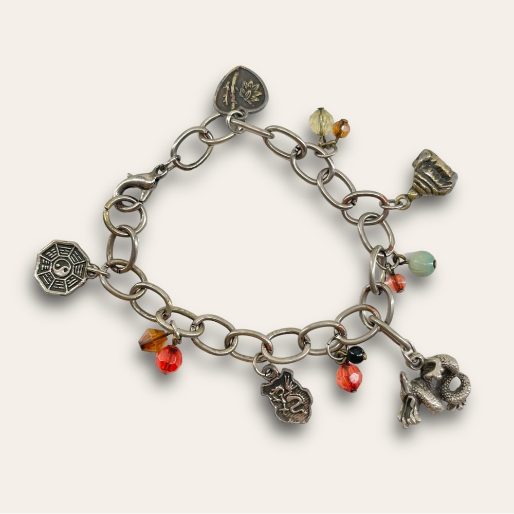 Silver Tone Chinese Yin Yang Dragon Charm Bracelet